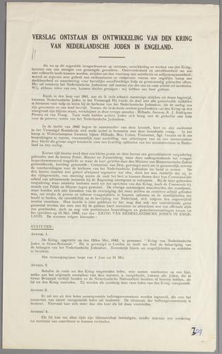 Verslag ontstaan en ontwikkeling van den Kring van Nederlandsche Joden in Engeland, 1945