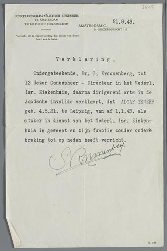 Hoe wij, Adolf Tenzer, geb. 4-8-1921 te Leipzig, en Carla Tenzer-Hertzdahl, geb. 20-6-1921 te Amsterdam, de oorlog doorkwamen
