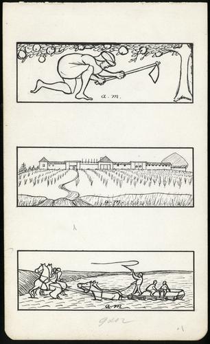[Drie tekeningen uit Ben Shemen: man met hak onder boom ; Joodse nationale boerderij Ben-Sjemmen ; met paard en wagen door buiten zijn oever getrede rivier]