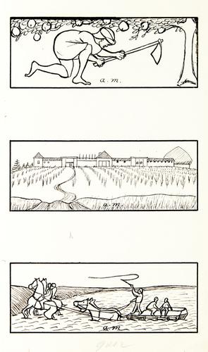 [Drie tekeningen uit Ben Shemen: man met hak onder boom ; Joodse nationale boerderij Ben-Sjemmen ; met paard en wagen door buiten zijn oever getrede rivier]