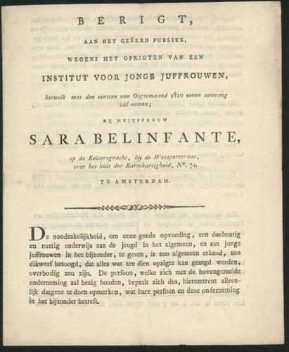 Berigt, aan het geëerd publiek, wegens het oprigten van een institut voor jonge juffrouwen, hetwel met den eersten van Oogstmaand 1810 eenen aanvang zal nemen
