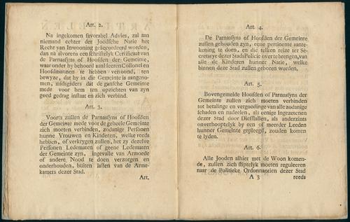 Artikelen waar op aan de jooden by requeste zulks verzoekende, het recht van inwoning binnen de stad Utrecht zal worden vergunt. By Burgemeesteren en Vroedschap geärresteerd den 19 January en 16 February 1789.