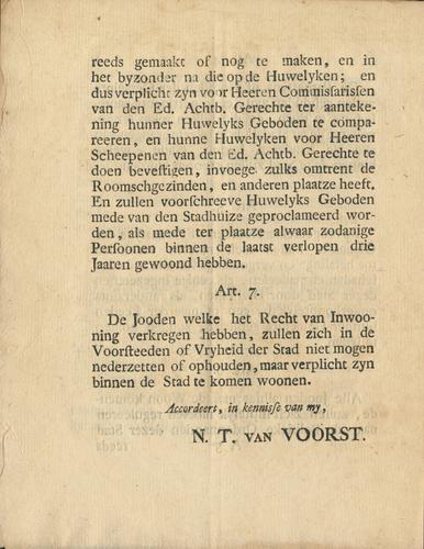 Artikelen waar op aan de jooden by requeste zulks verzoekende, het recht van inwoning binnen de stad Utrecht zal worden vergunt. By Burgemeesteren en Vroedschap geärresteerd den 19 January en 16 February 1789.