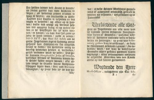 Publicatie tegens het inkomen en vernachten van Hoogduytsche Joden of Smousen, derselver wyven of kinderen binnen de stadt Utrecht.