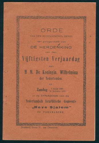 Orde van den buitengewonen dienst ter gelegenheid van de herdenking van den vijftigsten verjaardag van H.M. De Koningin, Wilhelmina der Nederlanden
